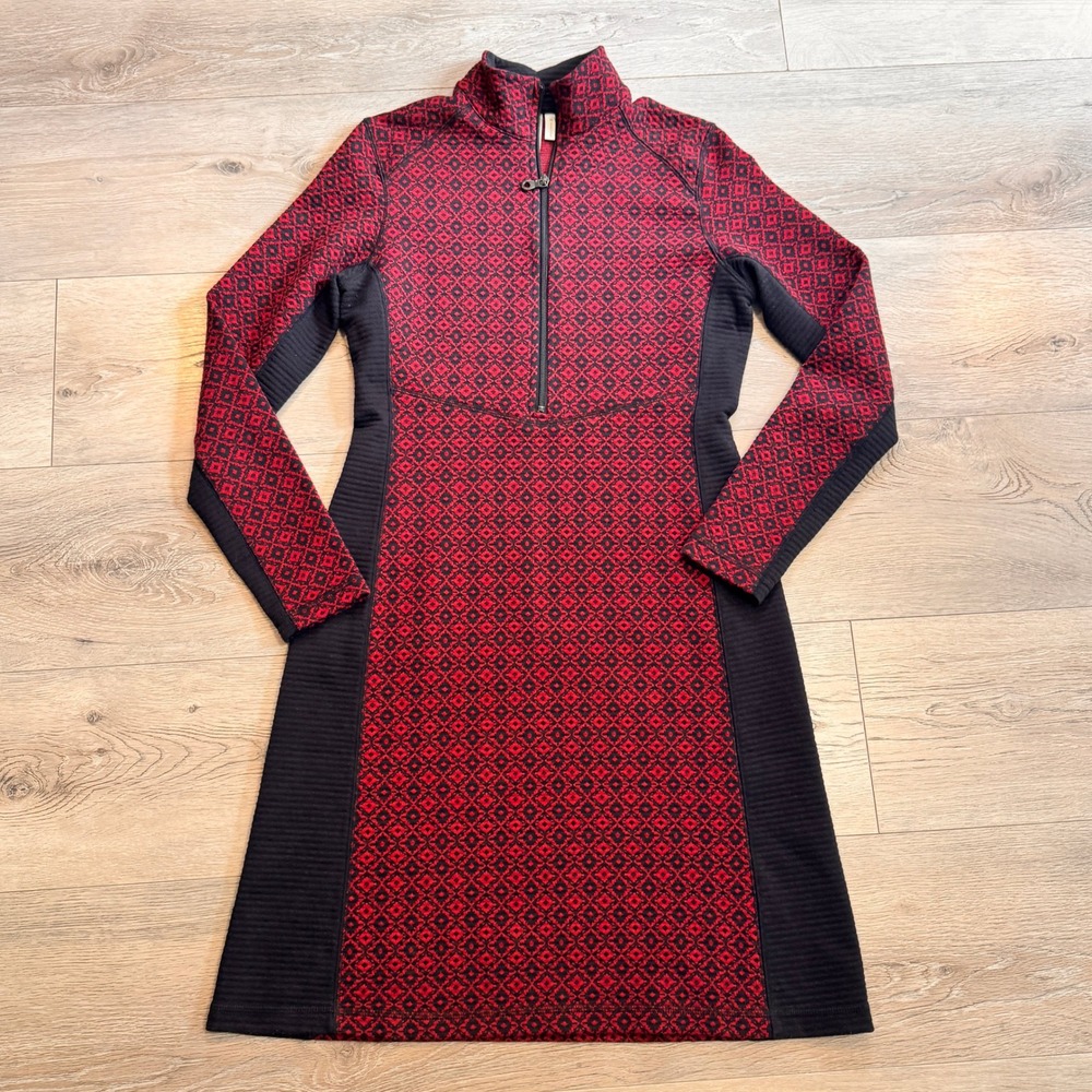 Sahalie Fair Isle Quarter Zip Sweater Dress Knit Casual Red Black Medium